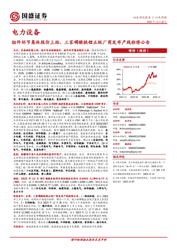 电力设备行业周报：组件环节集体报价上抬，三家磷酸铁锂正极厂商发布产线检修公告