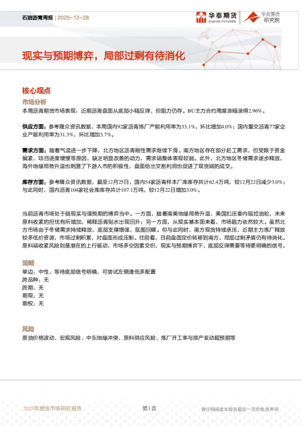 石油沥青周报：现实与预期博弈，局部过剩有待消化