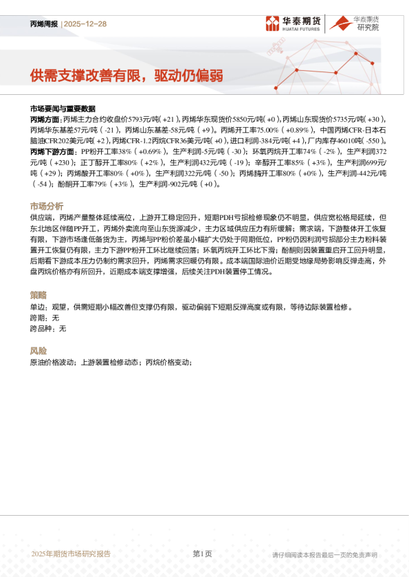 丙烯周报：供需支撑改善有限，驱动仍偏弱