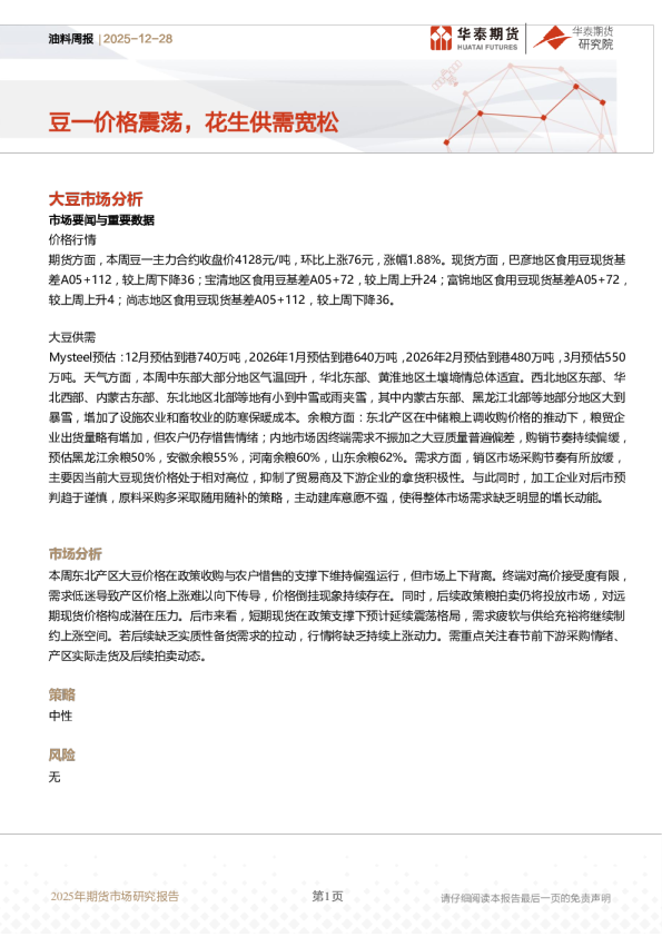 油料周报：豆一价格震荡，花生供需宽松