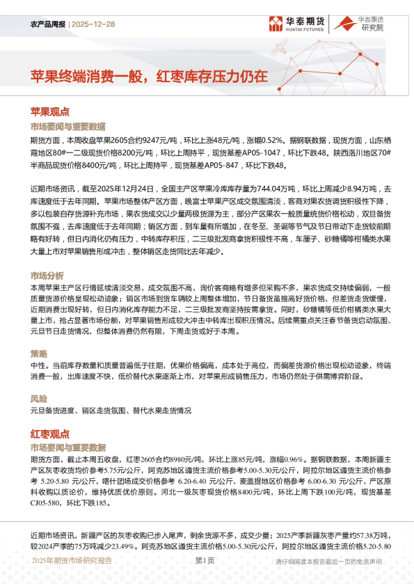 农产品周报：苹果终端消费一般，红枣库存压力仍在