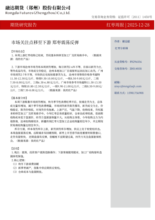 红枣周报-市场关注点移至下游 郑枣震荡反弹