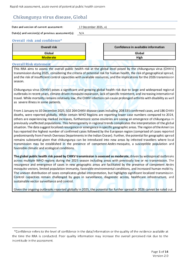 世界卫生组织快速风险评估-基孔肯雅病毒，全球第1版