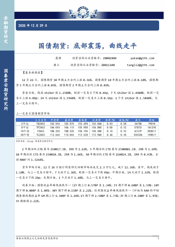 国债期货：底部震荡，曲线走平
