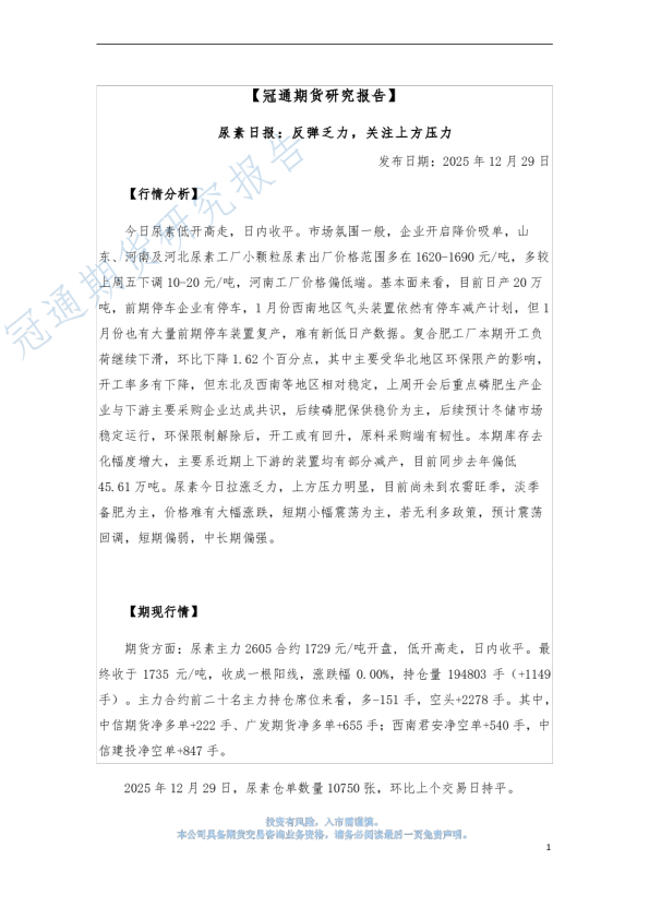 尿素日报：反弹乏力，关注上方压力