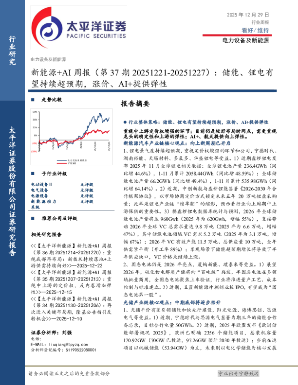 新能源+AI行业周报（第37期20251221-20251227）：储能、锂电有望持续超预期，涨价、AI+提供弹性