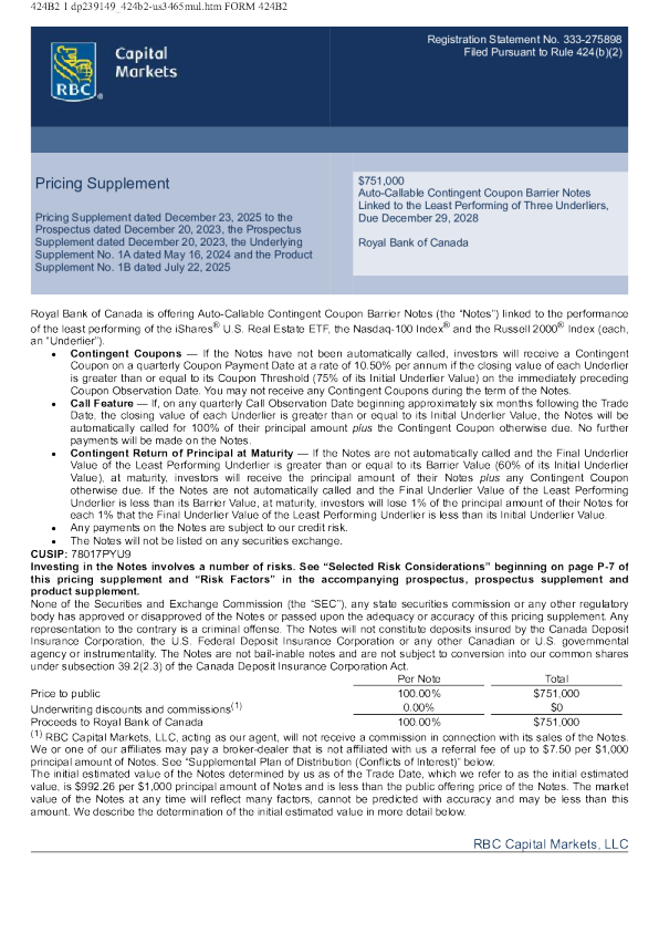 加拿大皇家银行美股招股说明书(2025-12-29版)