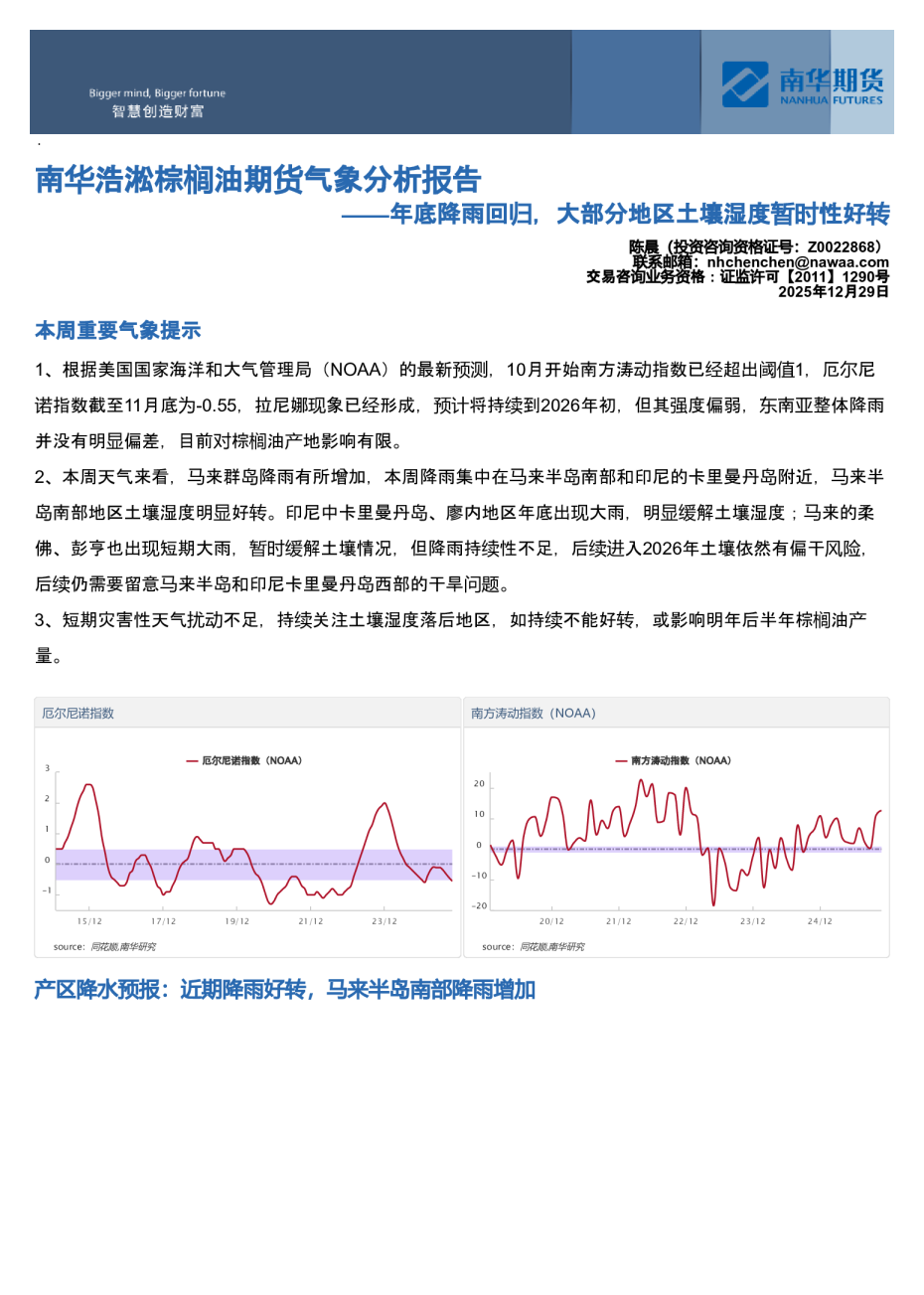 南华浩淞棕榈油期货气象分析报告:年底降雨回归,大部分地区土壤湿度暂时性好转