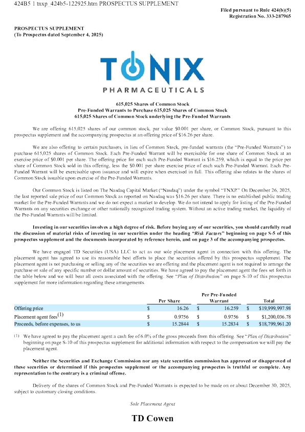 Tonix Pharmaceuticals Holding Corp美股招股说明书(2025-12-29版)