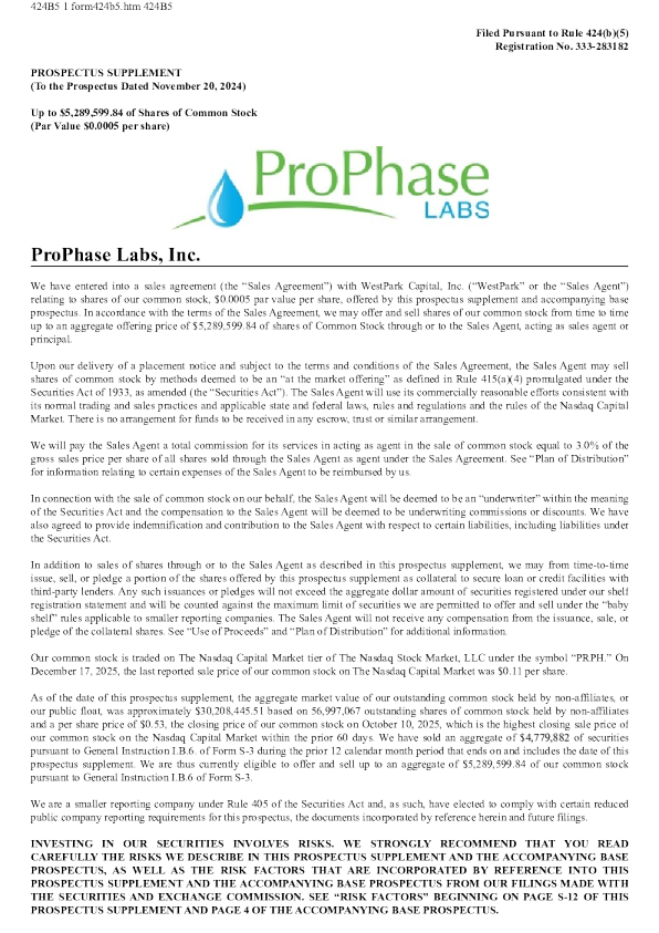 ProPhase Labs Inc美股招股说明书(2025-12-29版)