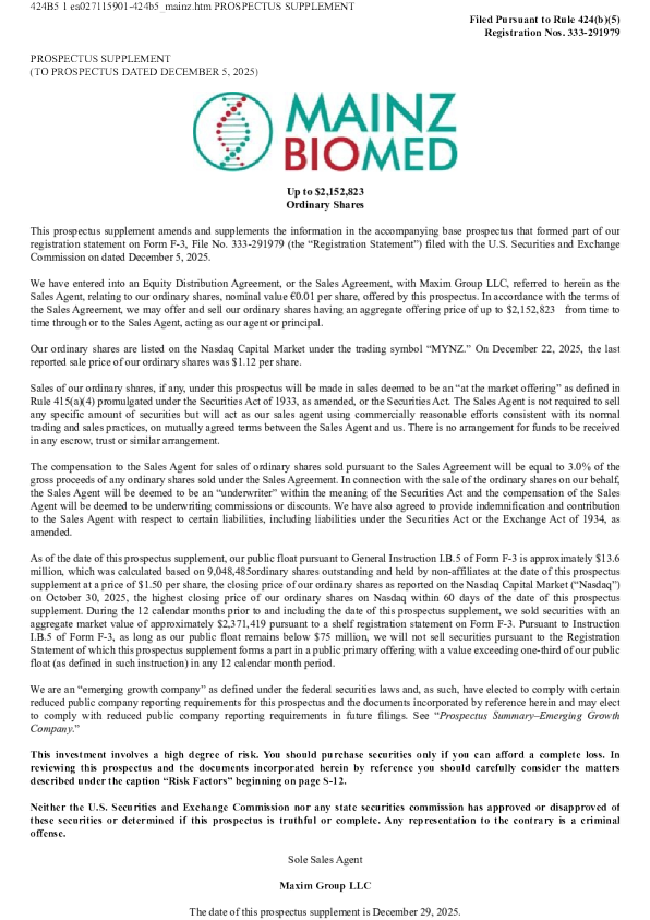 Mainz Biomed NV美股招股说明书(2025-12-29版)