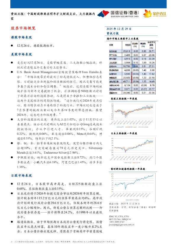 资讯日报：中国财政部要求明年扩大财政支出，大力提振内需