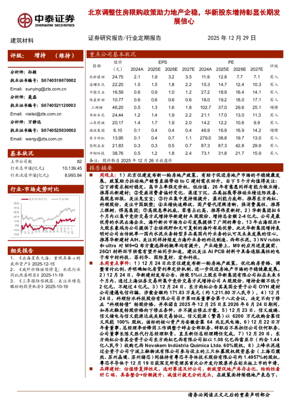 北京调整住房限购政策助力地产企稳，华新股东增持彰显长期发展信心