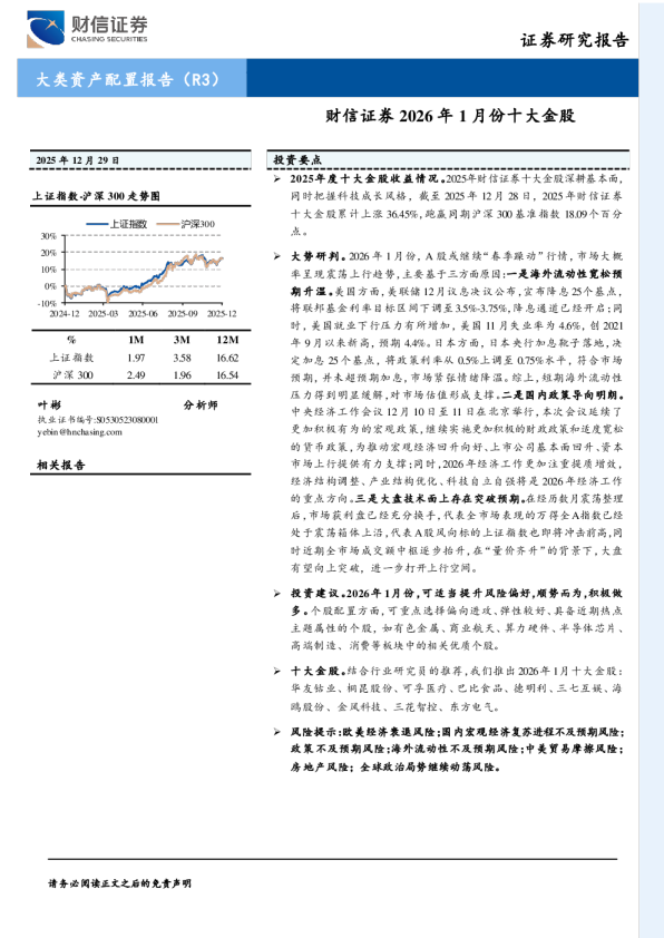 2026年1月份十大金股