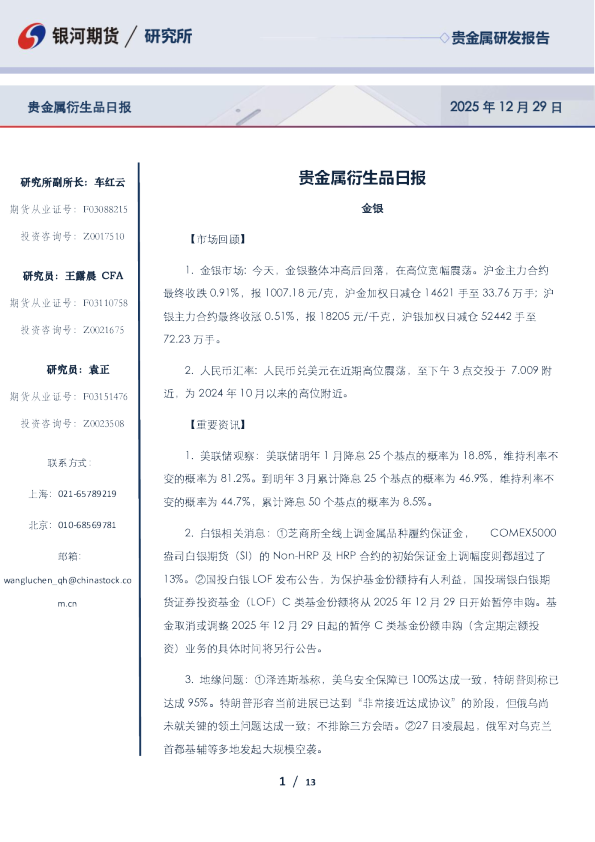 贵金属衍生品日报