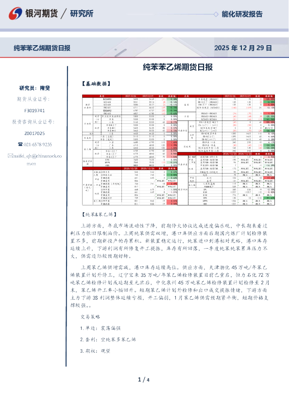 纯苯苯乙烯期货日报