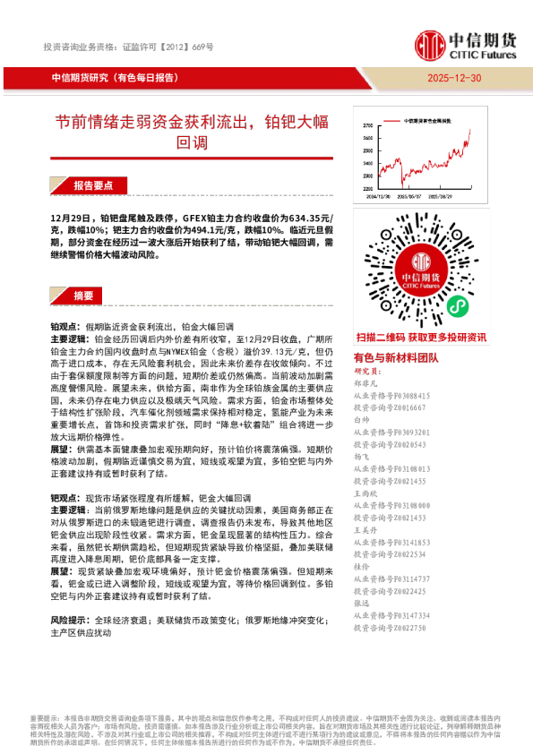 节前情绪走弱资金获利流出，铂钯大幅回调