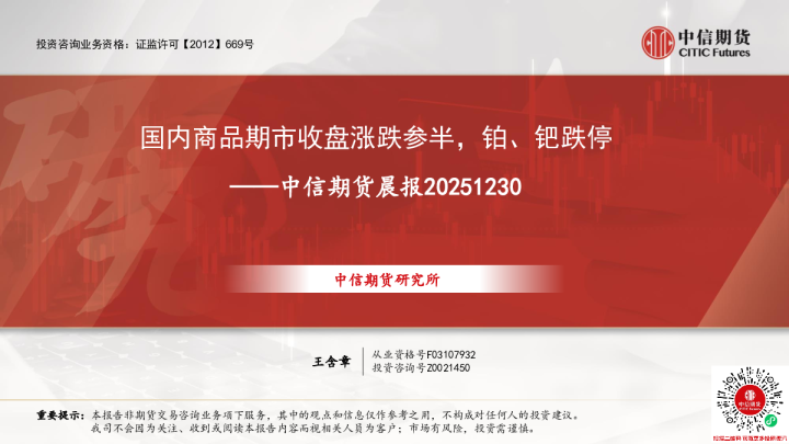 中信期货晨报:国内商品期市收盘涨跌参半,铂、钯跌停