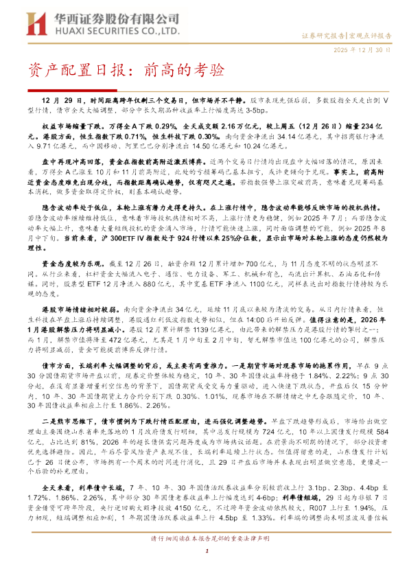 资产配置日报:前高的考验