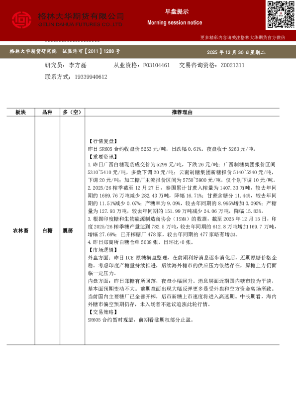 格林大华期货早盘提示：白糖