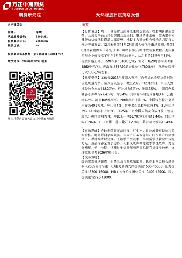 天然橡胶月度策略报告