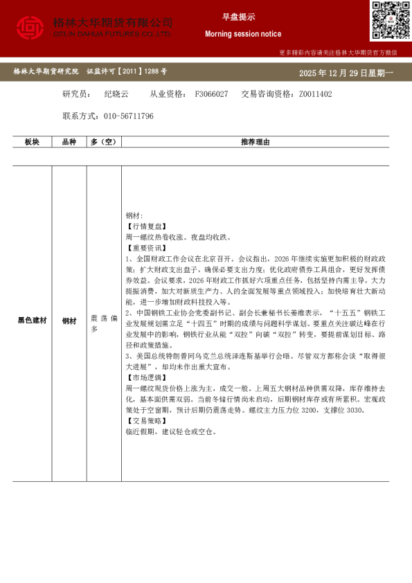 格林大华期市早班车-钢材(20251230)