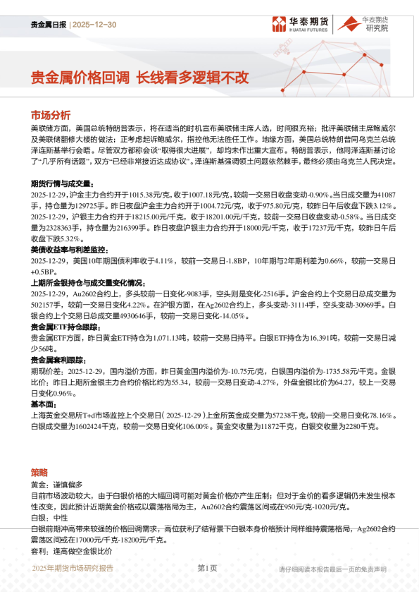 贵金属价格回调,长线看多逻辑不改