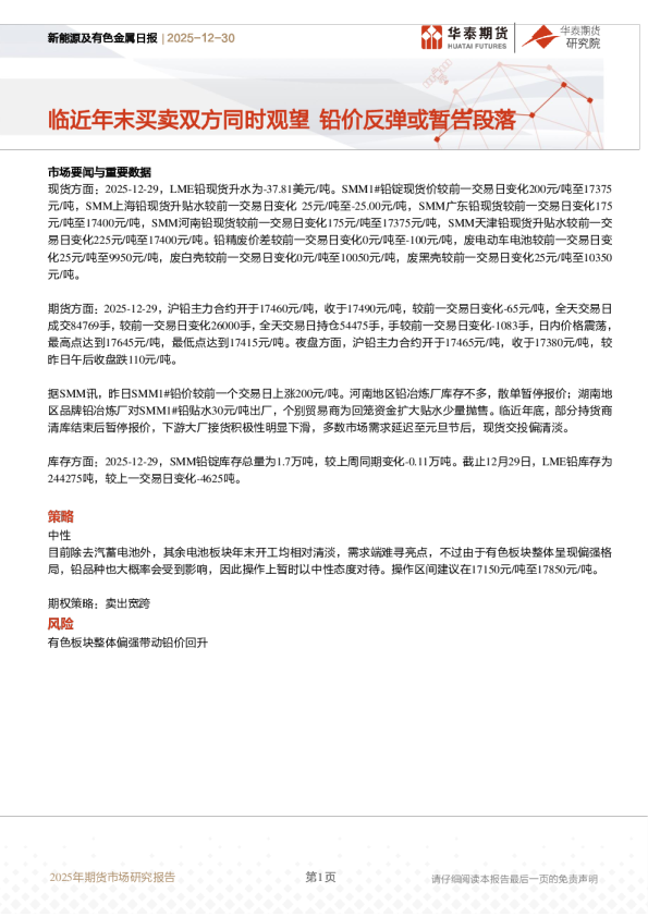 临近年末买卖双方同时观望，铅价反弹或暂告段落