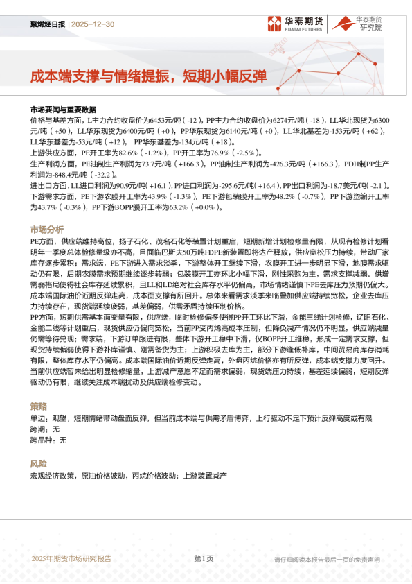 成本端支撑与情绪提振，短期小幅反弹
