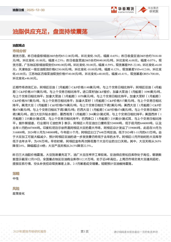 油脂日报：油脂供应充足，盘面持续震荡