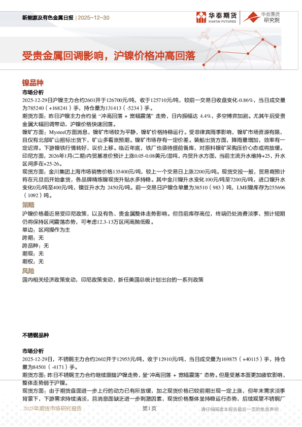 新能源及有色金属日报：受贵金属回调影响，沪镍价格冲高回落