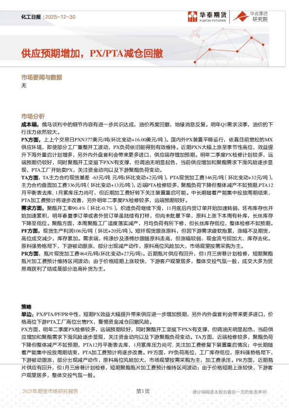 化工日报：供应预期增加，PX/PTA减仓回撤