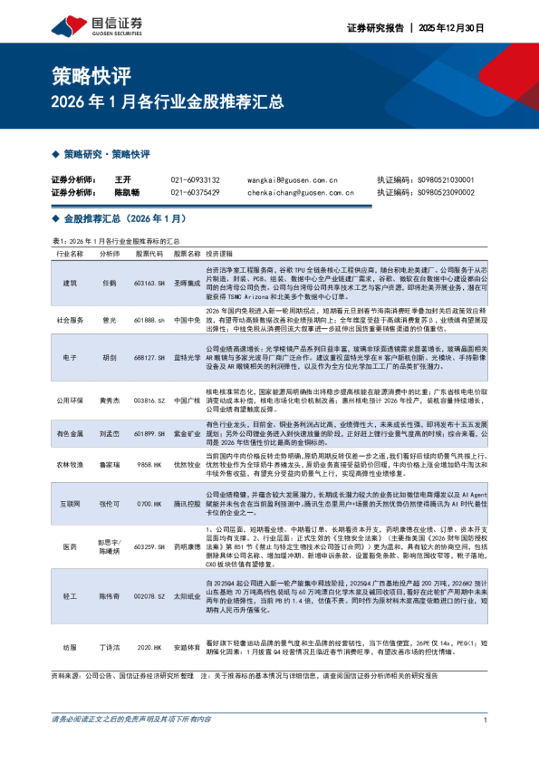 策略快评：2026年1月各行业金股推荐汇总