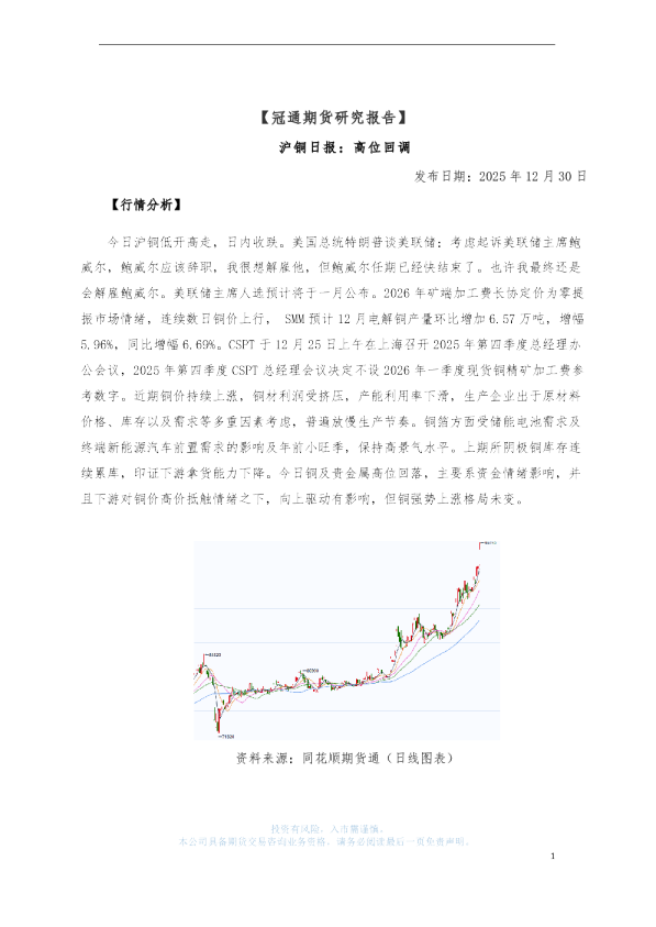 沪铜日报:高位回调