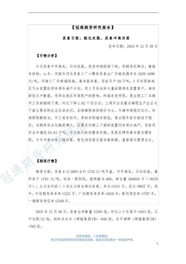 尿素日报:能化走强,尿素冲高回落