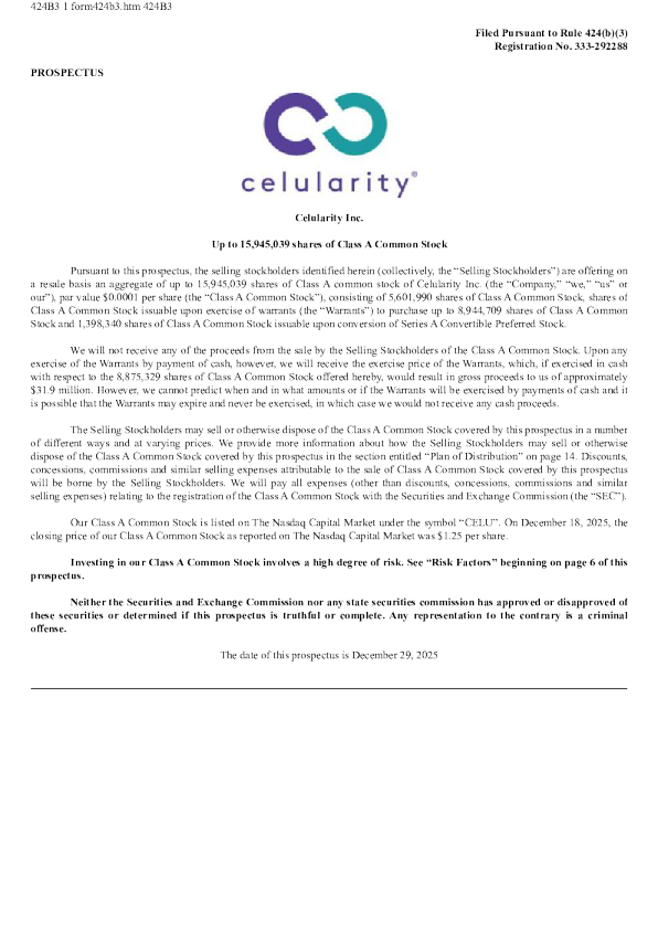 Celularity Inc-A美股招股说明书(2025-12-30版)