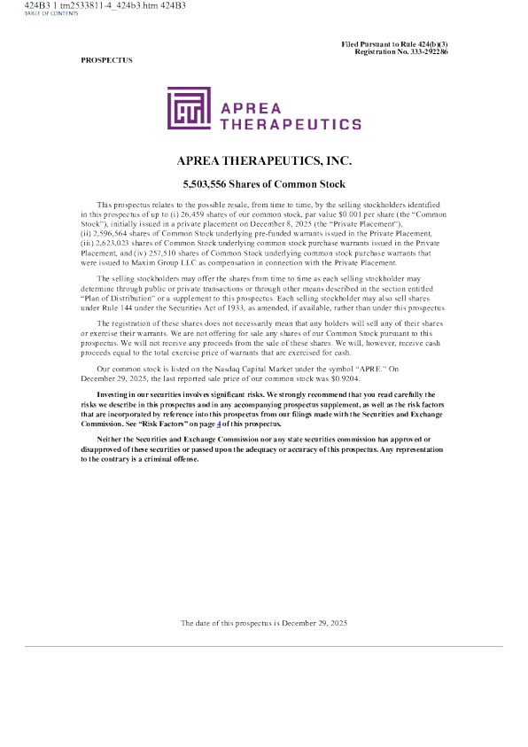 Aprea Therapeutics Inc美股招股说明书(2025-12-30版)
