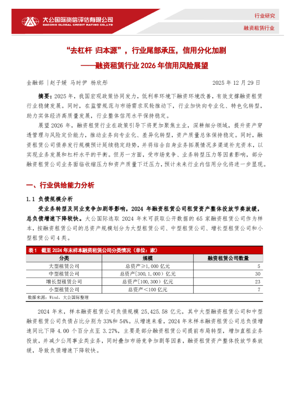 “去杠杆 归本源”，行业尾部承压，信用分化加剧——融资租赁行业 2026 年信用风险展望