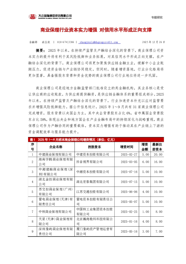商业保理行业资本实力增强 对信用水平形成正向支撑