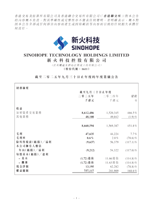 新火科技控股:截至二零二五年九月三十日止年度的年度业绩公告