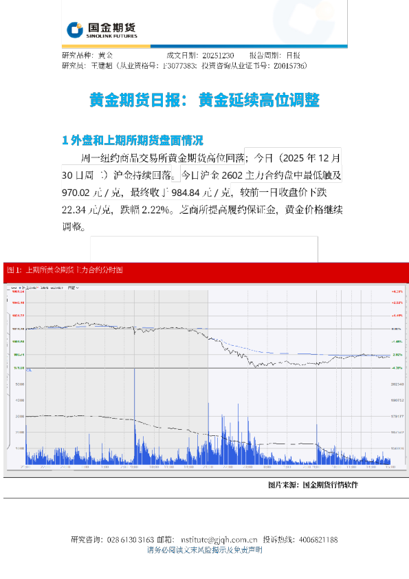黄金期货日报：黄金延续高位调整