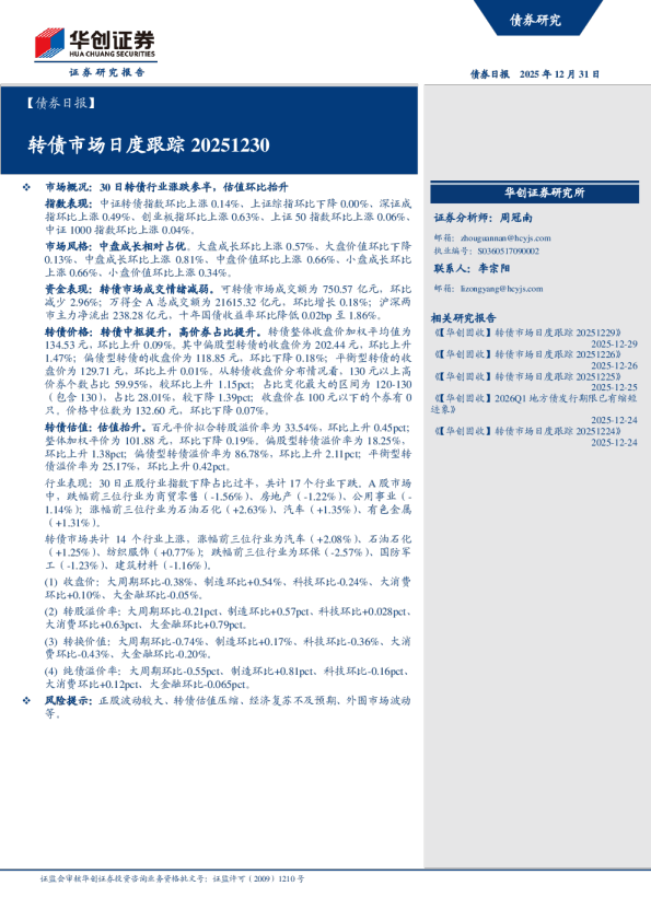 30日转债行业涨跌参半，估值环比抬升：转债市场日度跟踪20251230