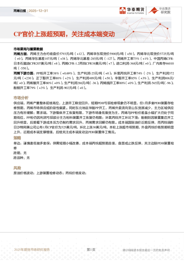 丙烯日报:CP官价上涨超预期,关注成本端变动