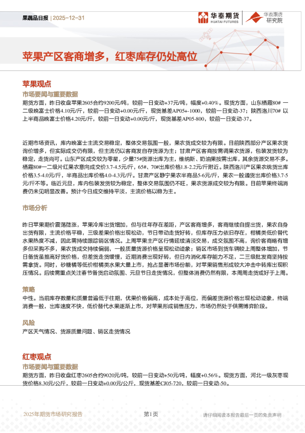 果蔬品日报:苹果产区客商增多,红枣库存仍处高位