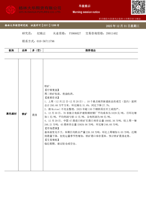 格林大华期市早班车-铁矿（20251231）