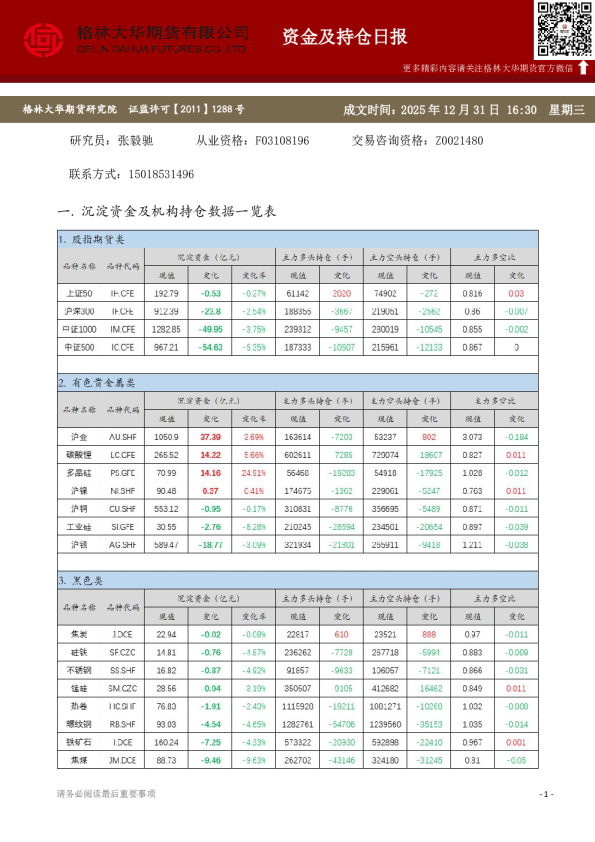 - 资金及持仓日报（20251231）