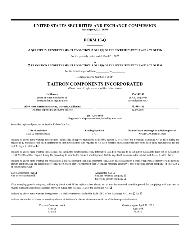 Taitron components inc 2025年度报告