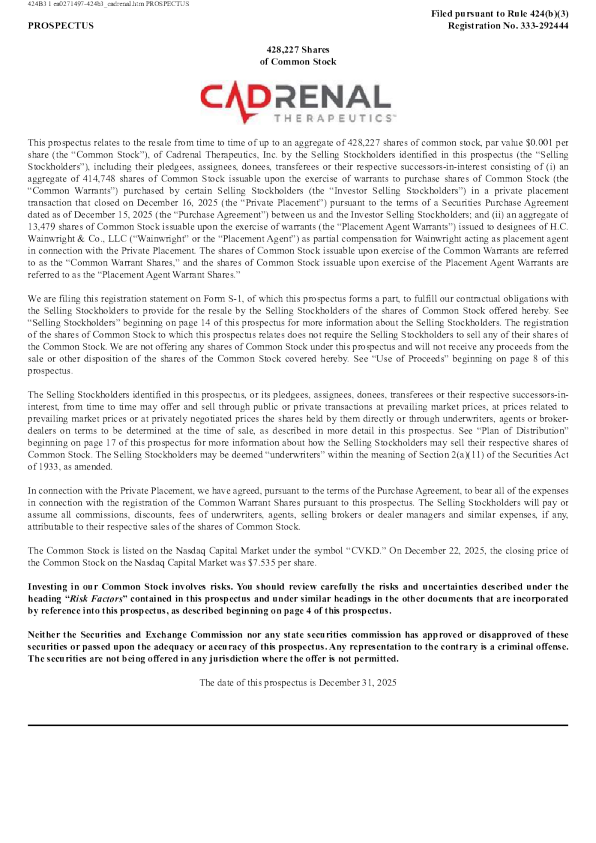 Cadrenal Therapeutics Inc美股招股说明书(2026-01-02版)