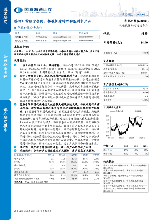 公告点评签订日常经营合同，拓展机身特种功能材料产品