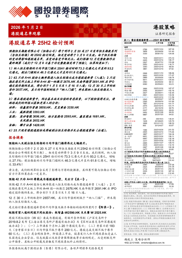 港股通名单观察：港股通名单25H2检讨预测